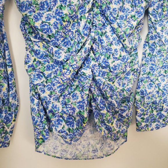 ZARA Floral Long Sleeve Top Blouse Artsy Ruched Design Blue & Green Fall Winter - Picture 3 of 7